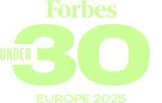 Forbes 30 Under 30 Europe 2025 logo in light green text on black background.
