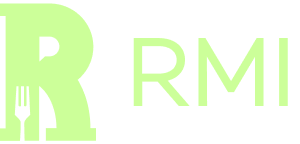 Logo with a large green letter R featuring a black fork silhouette inside it, followed by the letters RMI in green.